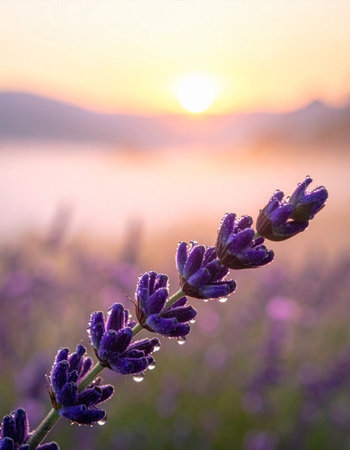 As the sun rises over a misty valley, its first golden rays illuminate a field of lavender.の素材