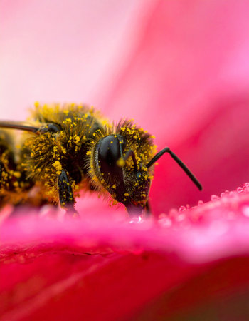 In an extreme close-up, a diligent bee is dusted in a thick coat of golden pollen, a testament to its vital work.の素材