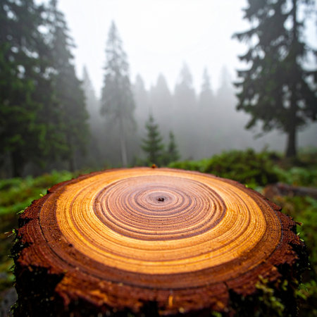 A detailed close-up of a tree stump's growth rings, offering a natural podium in the heart of a serene, misty evergreen forest.の素材