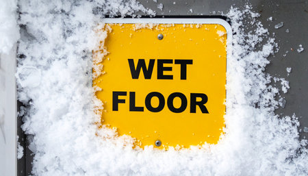 An ironic and humorous scene unfolds as a bright yellow 'Wet Floor' sign is unexpectedly covered in fresh winter snow.の素材