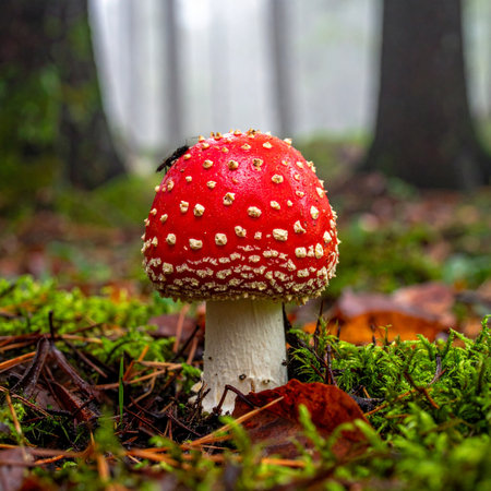 A single, vibrant red fly agaric mushroom stands out against the lush green moss of a misty forest floor.の素材
