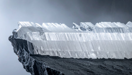 A macro photograph captures the intricate and delicate architecture of ice crystals forming on the edge of a dark mineral.の素材