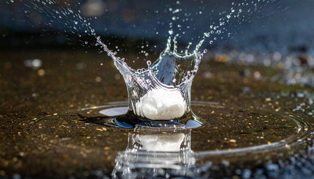 A single, clean white object drops into a still, dark surface, creating an explosive and perfectly formed crown splash.の素材