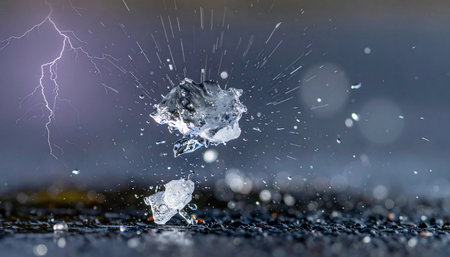 In a dramatic display of nature's power, a crystal-like object violently shatters upon impact against a wet, dark surface.の素材