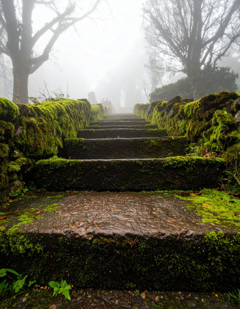 Ancient stone steps, covered in vibrant green moss, ascend into a thick, mysterious fog. The path disappears into the unknown, inviting a sense of quiet exploration and wonder about the journey ahead.の素材