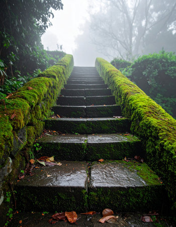An ancient stone staircase, covered in vibrant green moss, ascends into a thick, mysterious fog.の素材