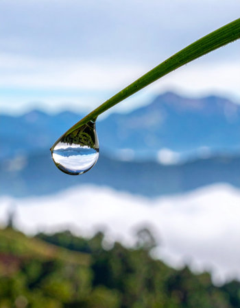 A perfect, crystal-clear water droplet hangs from a vibrant green blade of grass, capturing and inverting the majestic mountain landscape behind it.の素材