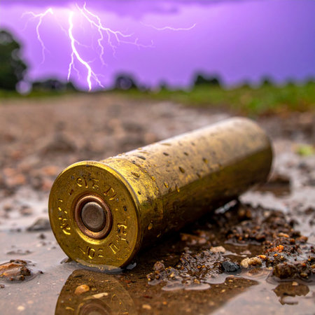 A single spent shotgun shell casing lies discarded in a muddy puddle, its brass surface reflecting the dramatic purple sky.の素材