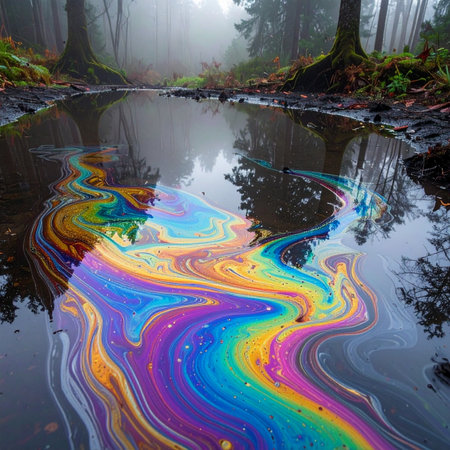 A mesmerizing, psychedelic rainbow of colors swirls across the surface of a still puddle, reflecting the misty, atmospheric forest.の素材