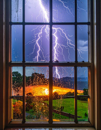 From the safety of an interior, a window frames a breathtaking spectacle of nature's duality.の素材