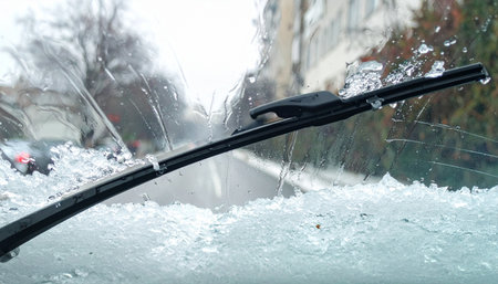 From the driver's perspective, a windshield wiper battles against a relentless winter storm, clearing a path through the snow and slush.の素材