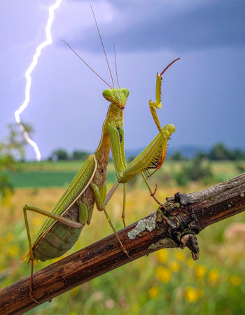 In a stunning display of nature's power, a lone praying mantis stands defiantly on a branch as a powerful lightning bolt illuminates the stormy sky.の素材