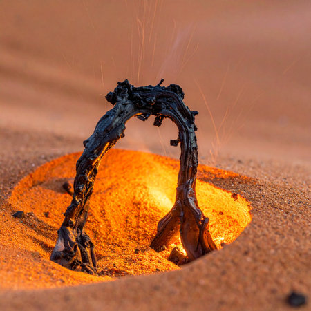 In the heart of a vast desert, a strange, charred wooden arch emerges from the glowing orange sand.の素材