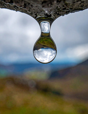 A single, perfect droplet of water hangs suspended in time, acting as a natural lens.の素材