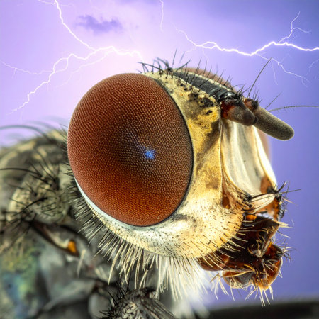 A common housefly is transformed into a creature of immense power in this dramatic composite image.の素材