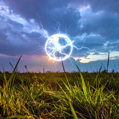 A glowing sphere of plasma energy crackles with lightning as it hovers mysteriously over a rural field under a dramatic, stormy sky.の素材