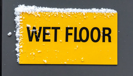A stark yellow 'Wet Floor' sign offers a chillingly ironic warning as it's covered in a layer of frost and ice.の素材