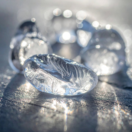 A macro photograph captures a collection of smooth, clear glass stones as they catch the morning light.の素材