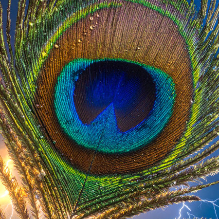 A stunning macro view captures the intricate, iridescent beauty of a peacock feather's eye, adorned with tiny dewdrops.の素材