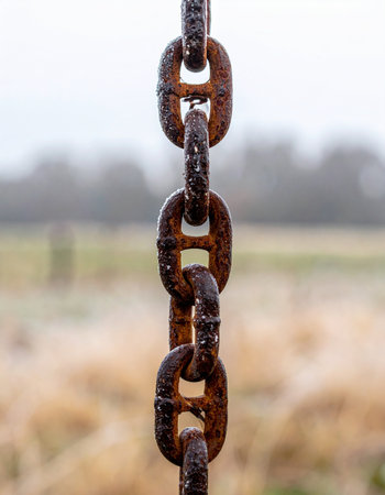 A close-up of a heavy, weathered chain, its links fused by time and rust.の素材