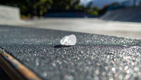 A single, translucent crystal rests on a dark, textured surface, catching the light.の素材