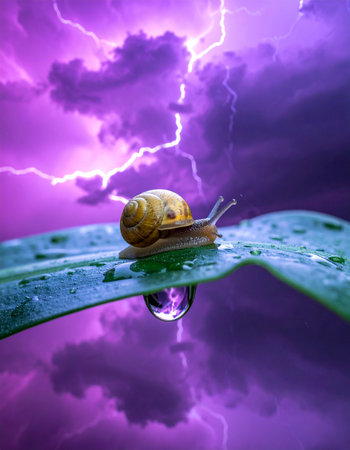 In a world of epic drama, a tiny snail embarks on a slow and steady journey across a leaf.の素材