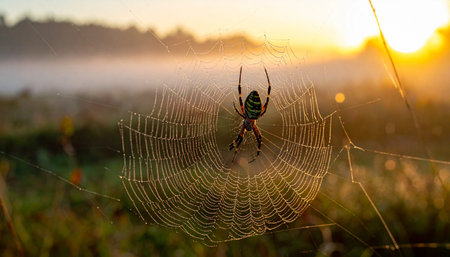 The first golden rays of a misty sunrise illuminate an intricate spider web, covered in morning dew.の素材