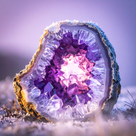 A stunning amethyst geode glows from within, revealing a miniature cave of sparkling purple crystals.の素材