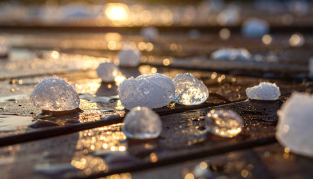 The fury of the hailstorm has passed, leaving behind a scattering of icy jewels on a wet wooden deck.の素材