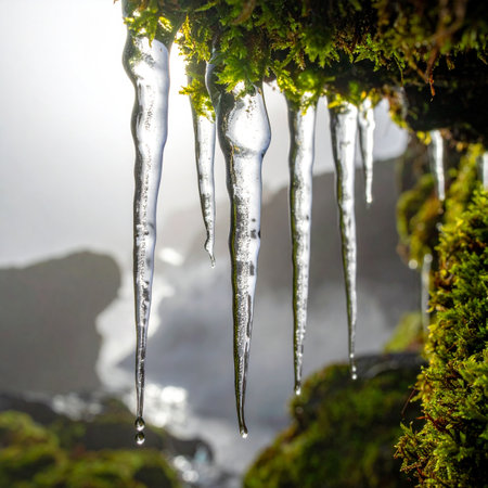 A close-up captures the delicate moment of seasonal transition as crystal-clear icicles melt against a backdrop of vibrant green moss.の素材