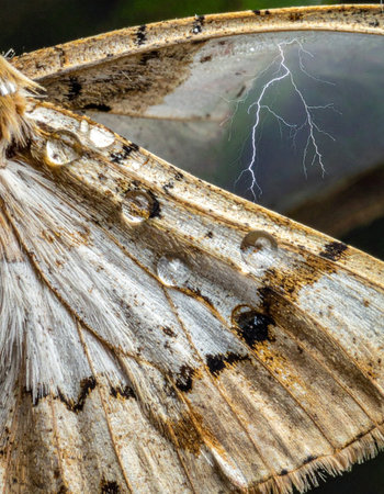 A surreal macro photograph captures the delicate, textured wing of a moth.の素材