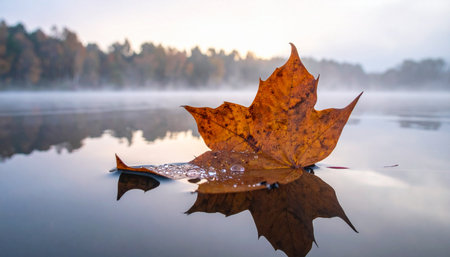 In the quiet of a foggy dawn, a lone autumn leaf floats on the calm water, its reflection a perfect mirror.の素材