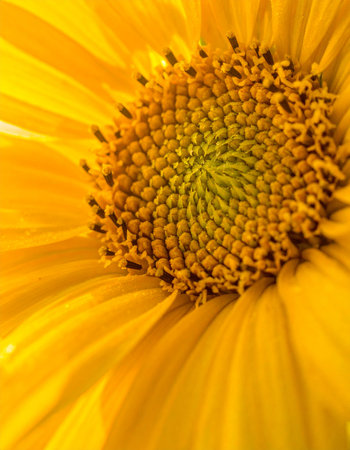 A detailed macro view captures the intricate, spiraling heart of a vibrant yellow sunflower, bathed in the warm glow of summer sunlight.の素材