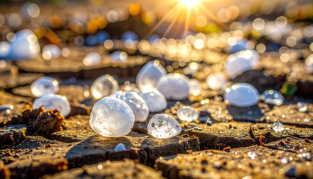 In a striking display of nature's paradox, translucent hailstones rest upon the sun-baked, cracked earth.の素材