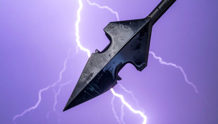 Forged in celestial fire and quenched in the heart of a tempest, this legendary spearhead channels the raw fury of a storm god.の素材