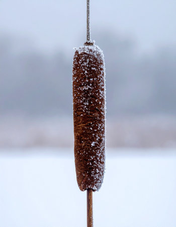 A single cattail stands resilient against the winter chill, its velvety head delicately dusted with a layer of frost.の素材