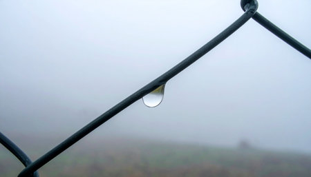 A single, perfect water droplet clings to a dark chain-link fence, a tiny jewel suspended in the dense morning fog.の素材