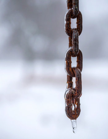 A heavy, rusty chain hangs suspended, encased in a thick layer of clear ice from a winter storm. An icicle drips from the lowest link, a testament to the freezing temperatures.の素材