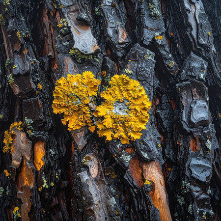 A macro photograph capturing a brilliant burst of golden-yellow lichen thriving against the dark, rugged texture of tree bark.の素材
