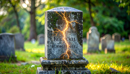 In a quiet, sun-dappled cemetery, an ancient tombstone suddenly fractures, split by a mysterious and powerful bolt of glowing energy.の素材