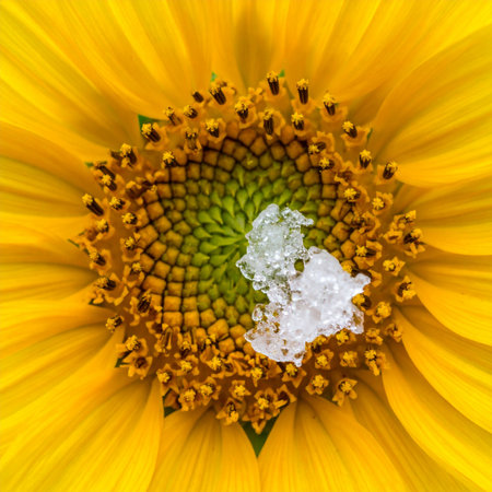 A stunning macro view captures a surprising paradox in nature: a piece of glistening frost melting on the warm, vibrant heart of a sunflower.の素材