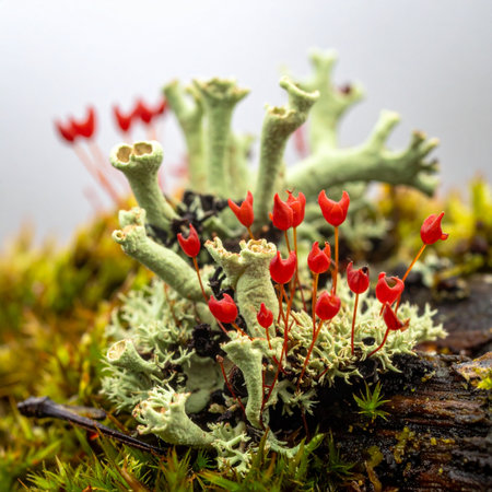 A macro view reveals a miniature, otherworldly landscape where vibrant red-tipped British Soldiers lichen stand tall like sentinels amidst a lush green carpet of moss.の素材