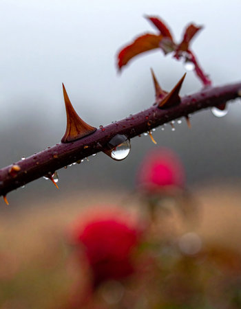 A macro view captures the delicate balance of beauty and danger on a moody, overcast day.の素材