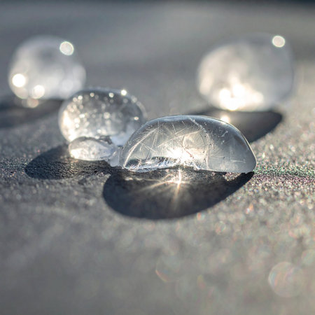 A macro photograph captures the delicate moment of transition as solid ice melts into liquid water.の素材