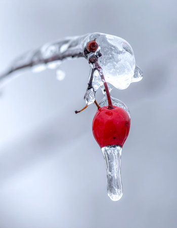 A single, bright red berry is perfectly preserved within a thick casing of clear ice, a stark and beautiful symbol of life's resilience against the harsh cold of winter.の素材