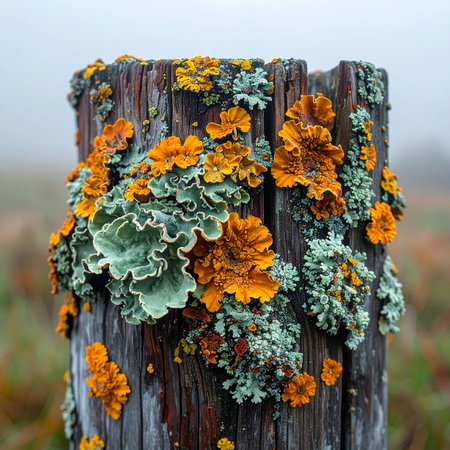 A close-up view captures the intricate and vibrant life of orange and green lichen flourishing on a weathered wooden fence post.の素材