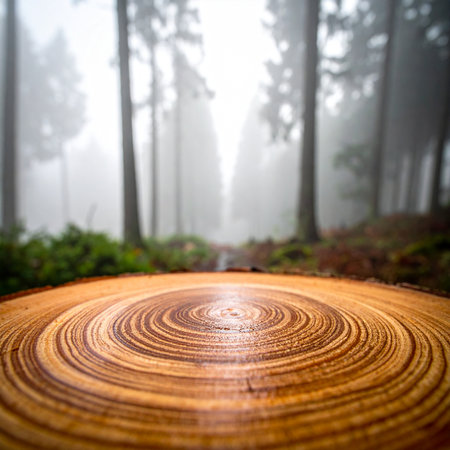 A detailed view of a tree stump's rings provides a natural wooden stage or podium.の素材