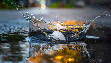 A single raindrop makes a dramatic impact on a wet city street, creating a beautiful crown-shaped splash.の素材