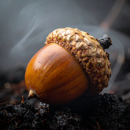A single, perfect acorn rests on dark, scorched earth as wisps of smoke curl in the background.の素材