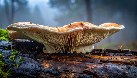 A detailed close-up captures a wild mushroom emerging from a moss-covered log.の素材